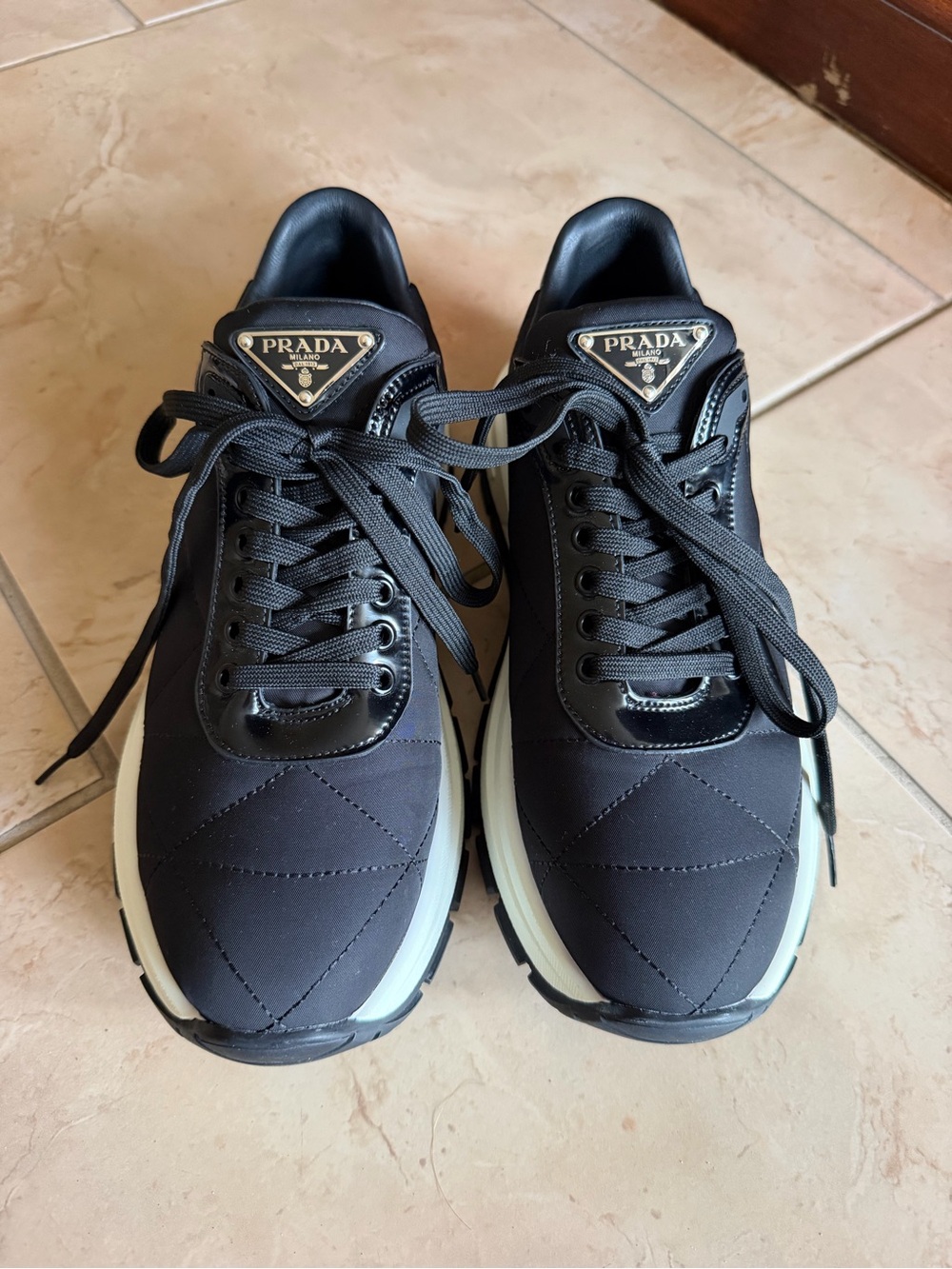 Prada Black and White Men’s Nylon Sneakers with Logo Plaque